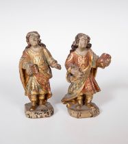 Spanish school; 18th century."Couple of Saints with books".Carved, gilded and polychromed wood.