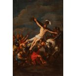 Flemish school, 17th century."Raising of the Cross".Oil on canvas.Measurements: 56 x 37 cm.; 70 x 52