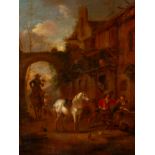 Dutch school; late 17th century."The Inn".Oil on oak panel.It has restorations.It has an illegible