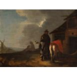 PETER FRIS (Amsterdam, 1627 - Delft, 1706)."Costumbrist Scene with a Horse.Oil on oak panel.It has