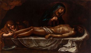 Spanish school; 1700."Reclining Christ".Oil on canvas.It presents restorations.Measurements: 103 x