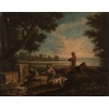 Italian school; 18th century."Pastoral scene".Oil on canvas. Re-framed.It presents restorations