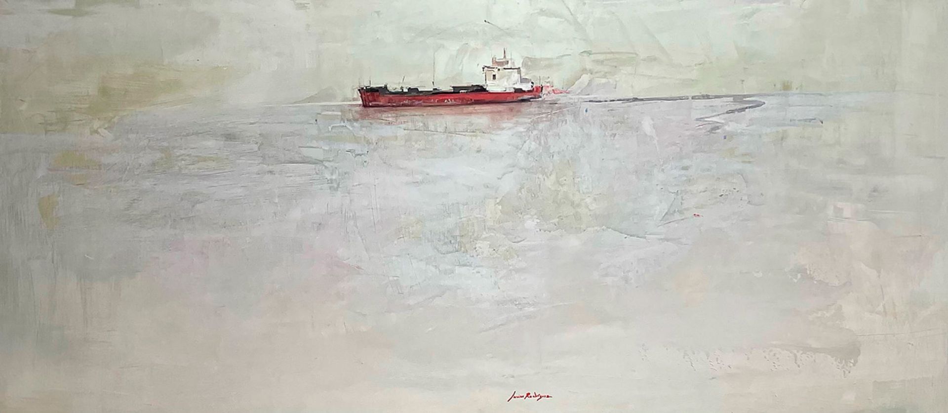 JAVIER RODRÍGUEZ PÉREZ (Cantillana, Seville, 1986)."Red boat".Oil on wood.Signed in the lower