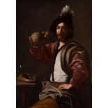 Caravaggista school; 17th century."Portrait of a gentleman.Oil on canvas. Re-coloured.It possesses