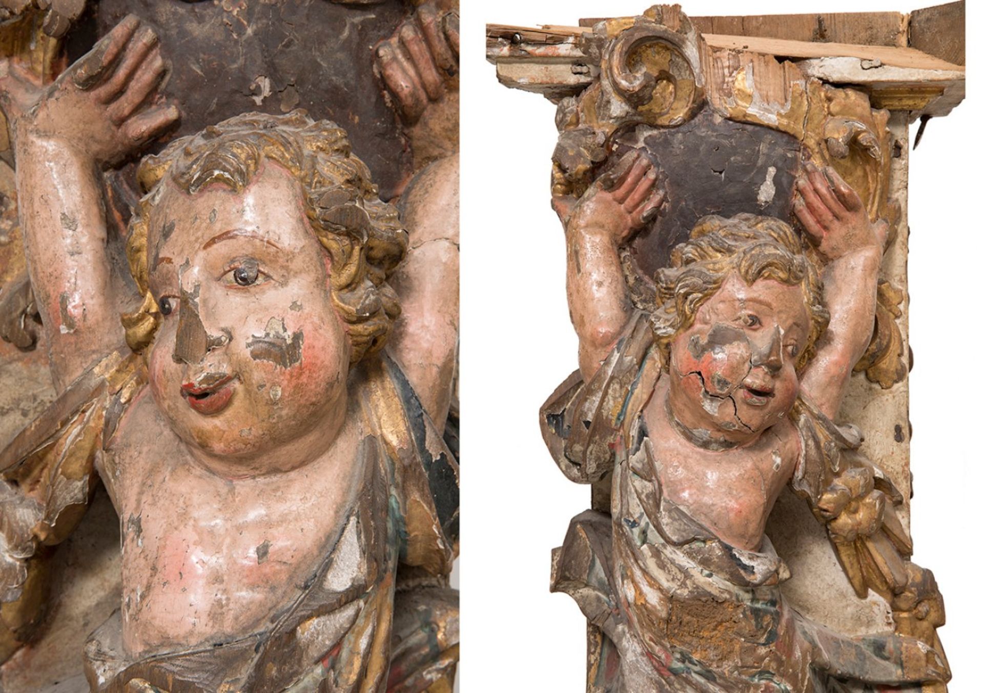 Early 18th century Spanish work.Pair of pilasters with angels.Carved, gilded and polychrome wood. - Image 5 of 6