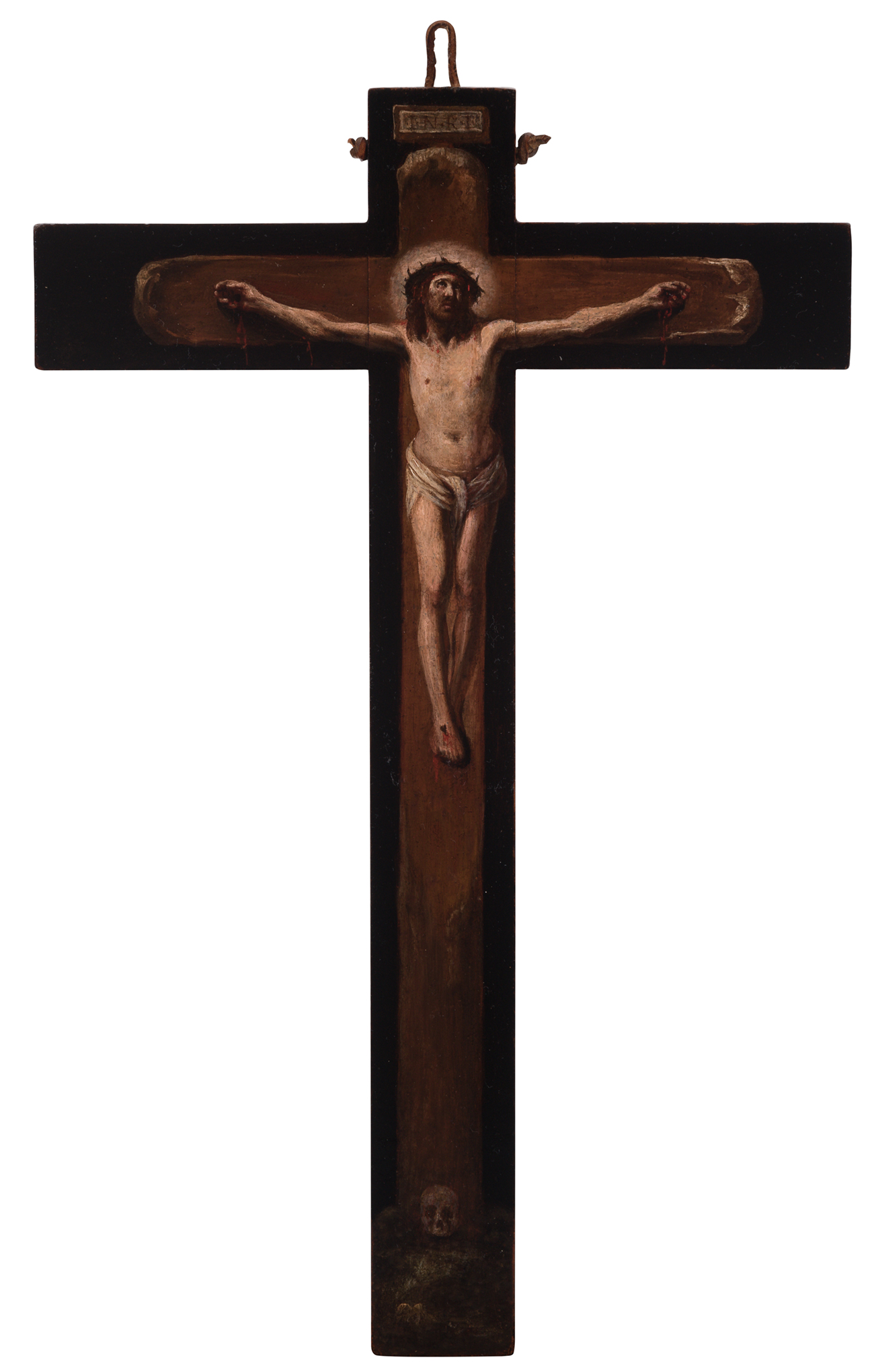 Spanish school; mid-17th century."Christ crucified".Oil on panel.Measurements: 44 x 28 cm.This