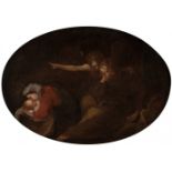 Neapolitan school; 17th century."Resting from the Flight into Egypt".Oil on oval canvas.It