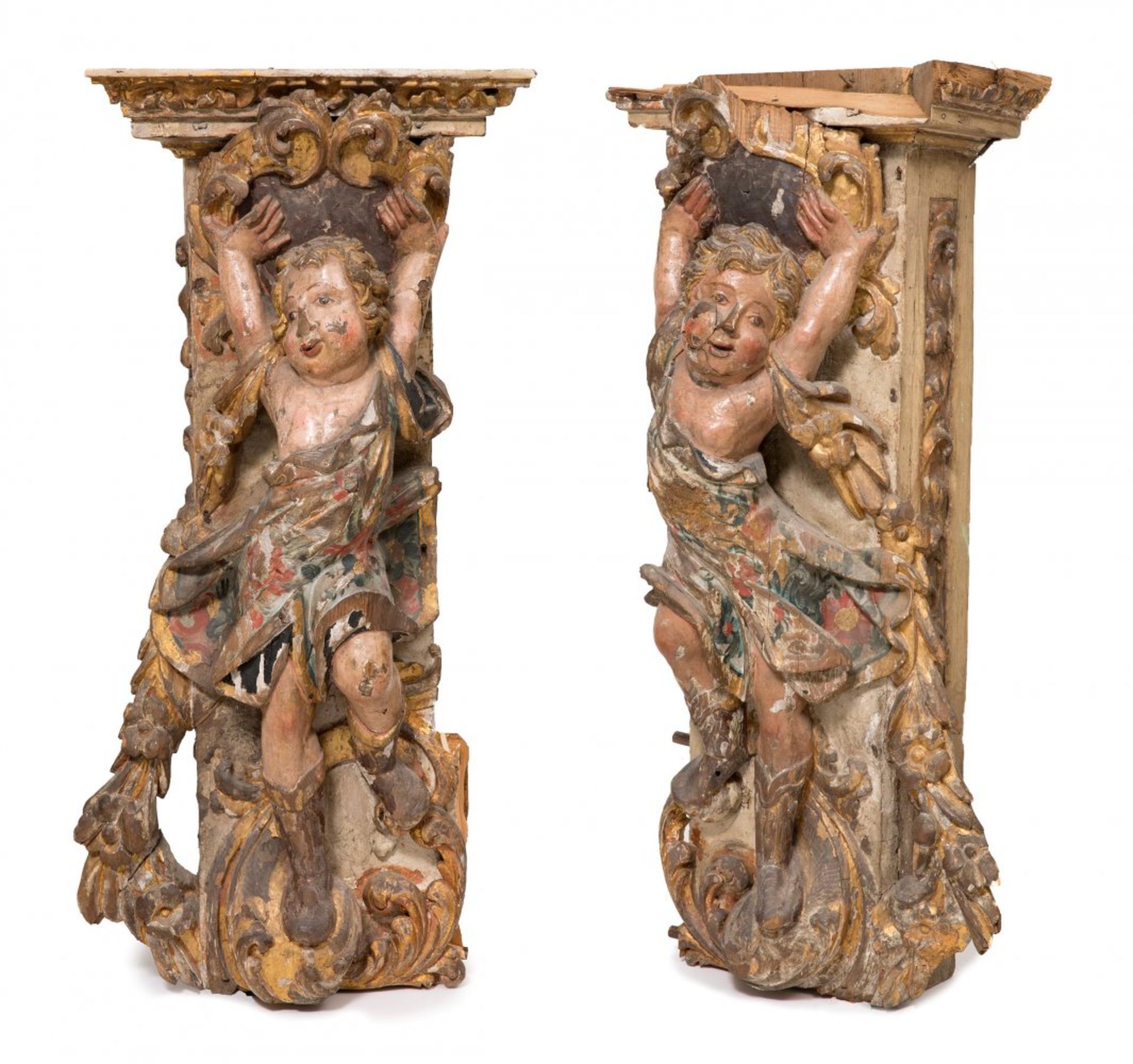 Early 18th century Spanish work.Pair of pilasters with angels.Carved, gilded and polychrome wood. - Image 2 of 6