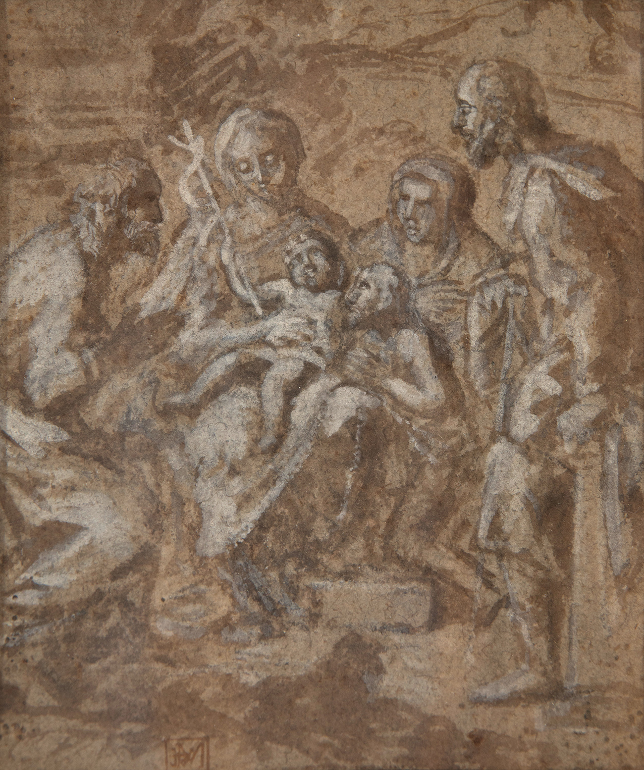 Italian school, 17th century."Adoration of the Shepherds,Ink and white lead on paper.Signed with