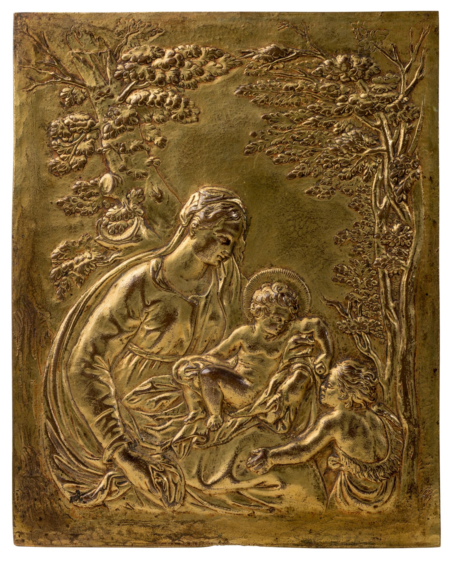 Italian school; 17th century."Madonna and Child with Saint John Child",Gilded bronze.Measurements: