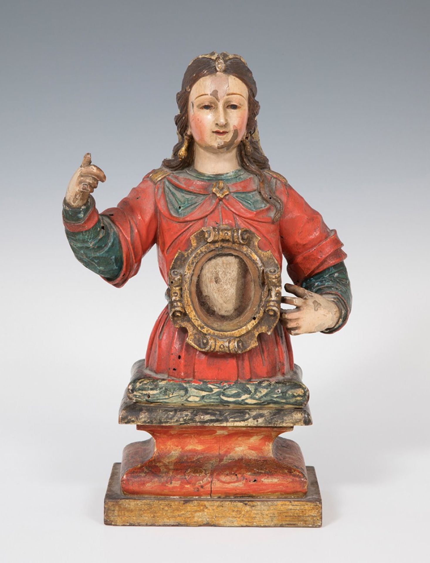 Spanish reliquary, ca. 1600."Saint".Carved and polychromed wood.Polychromy from the 18th century. - Bild 2 aus 7