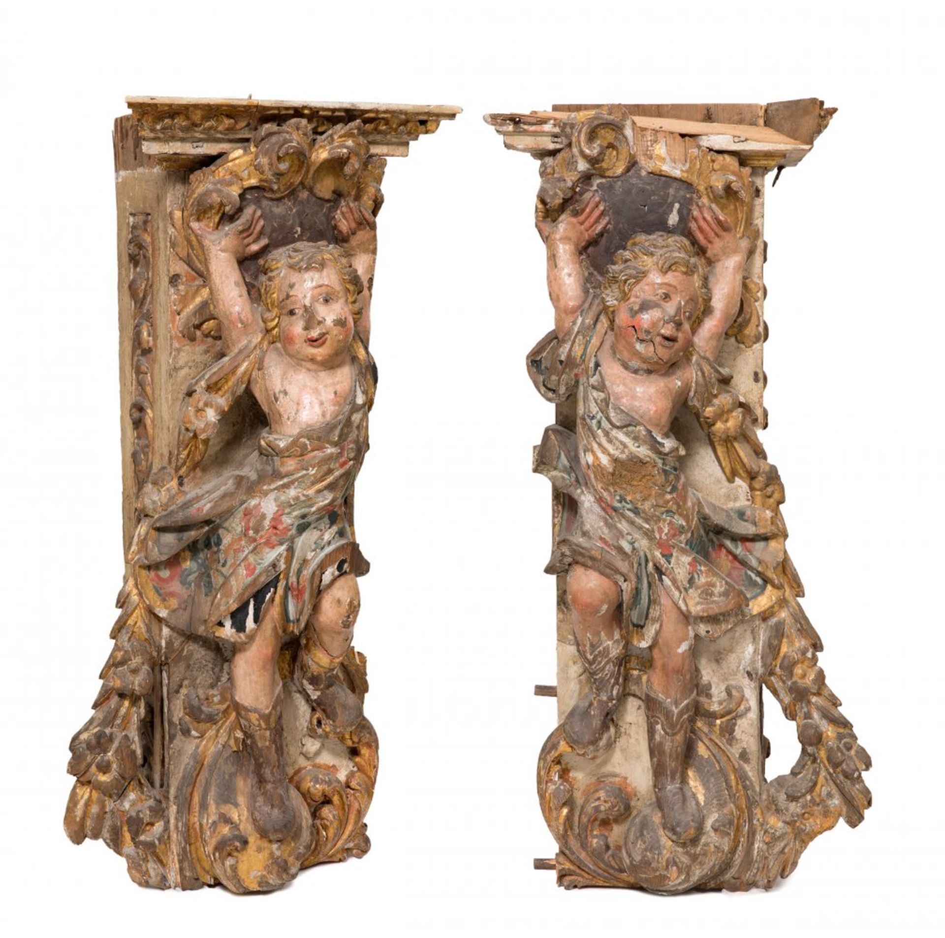 Early 18th century Spanish work.Pair of pilasters with angels.Carved, gilded and polychrome wood.