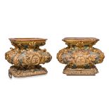 Spanish work, ca. 1700.Pair of pedestals with coats of arms of the Order of Carmel.Carved and