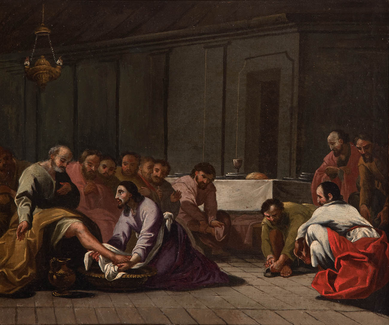 Italian school; 17th century."Christ washing the feet of the apostles".Oil on canvas.Measurements: