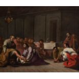 Italian school; 17th century."Christ washing the feet of the apostles".Oil on canvas.Measurements:
