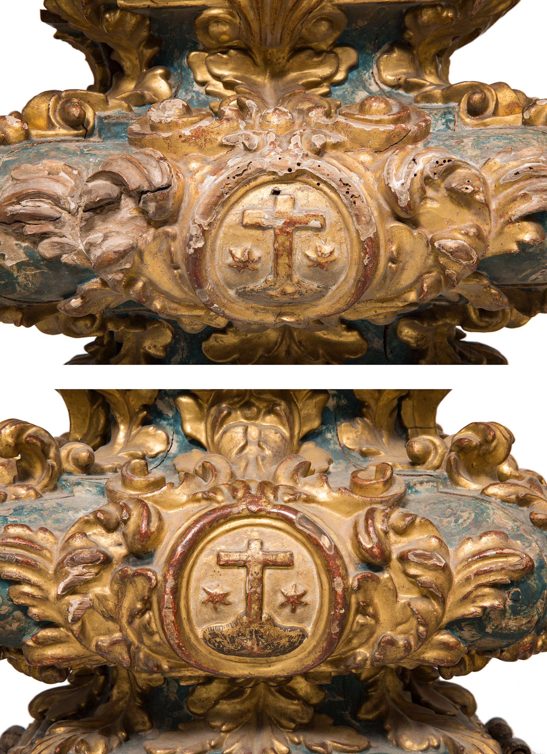 Spanish work, ca. 1700.Pair of pedestals with coats of arms of the Order of Carmel.Carved and - Image 4 of 7