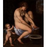 Venetian school; first half of the 17th century."Venus and Cupid".Oil on canvas. Re-coloured.It