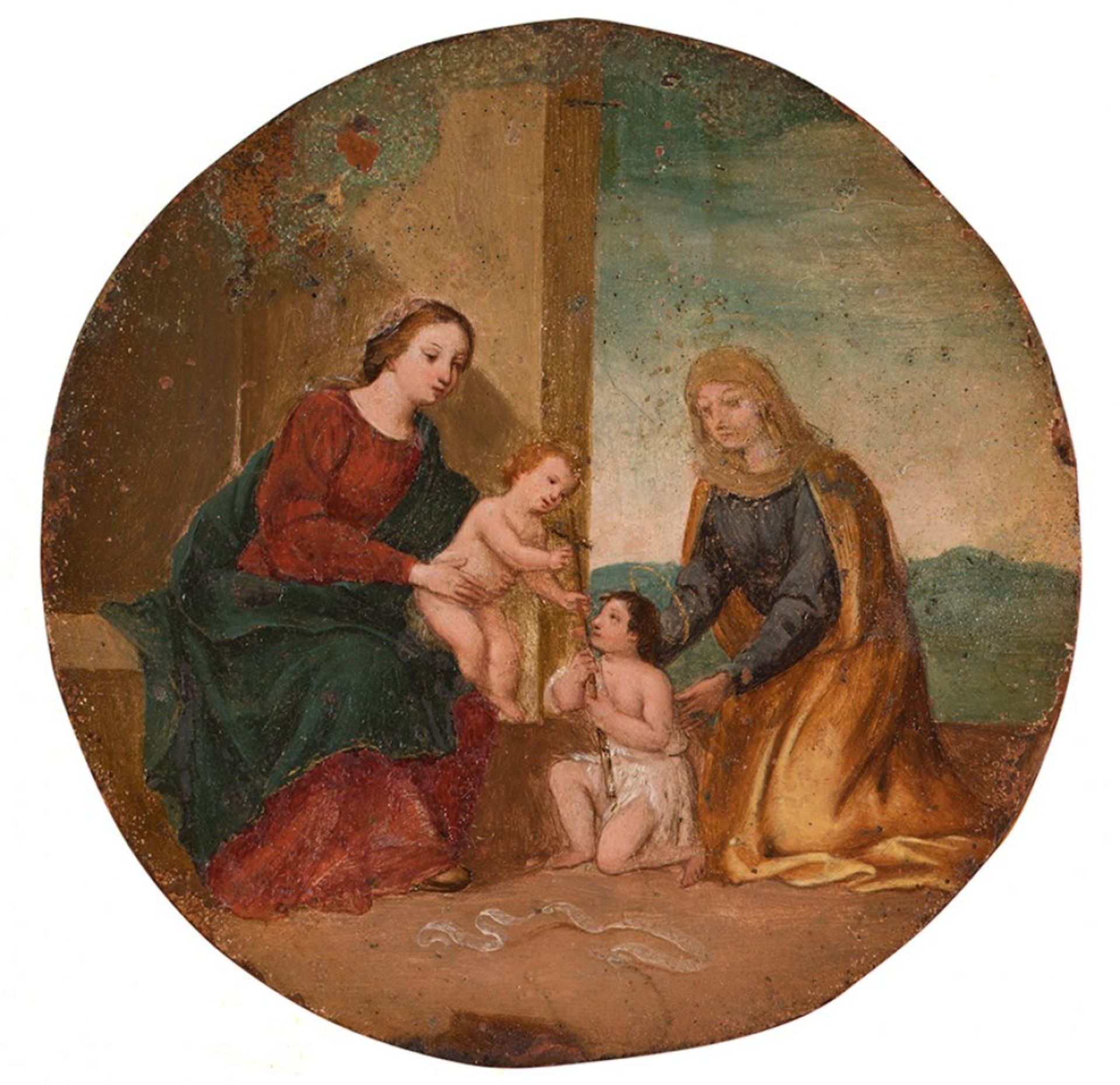 Italian school, circa 1600."Holy Family with Saint Elizabeth and Saint John the Baptist".Oil on