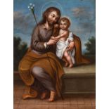 Novo-Hispanic school; 17th century."Saint Joseph with Child".Oil on copper.It presents slight