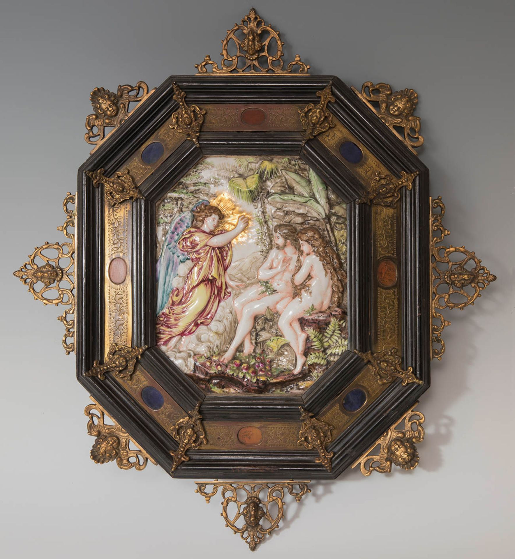 Relief of the Royal Factory of Capodimonte. Naples, 19th century."Adam and Eve".Enamelled