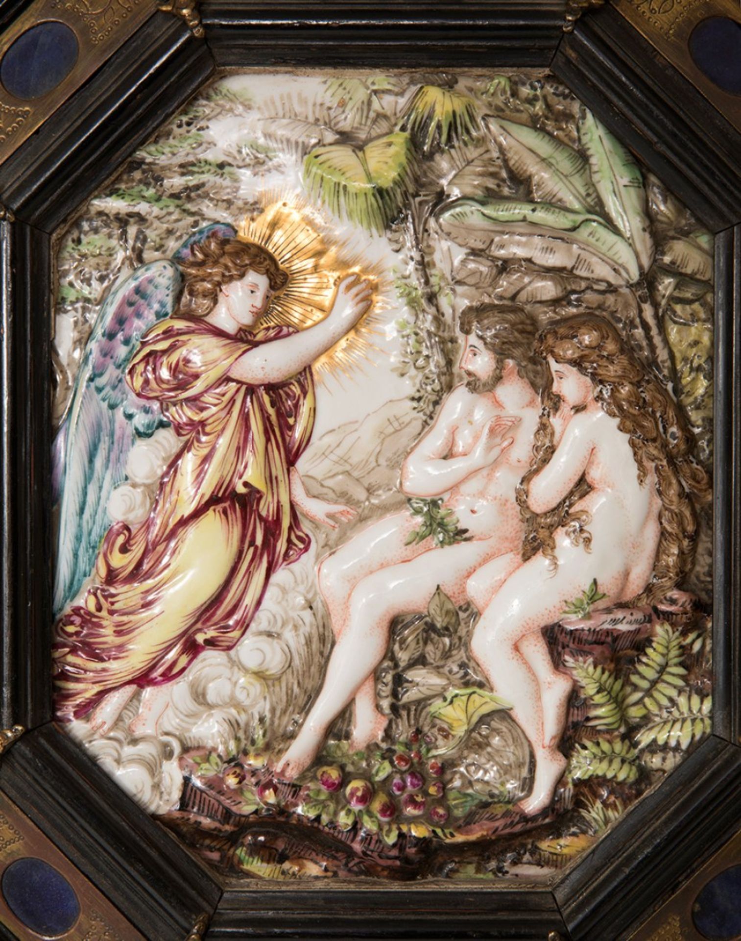 Relief of the Royal Factory of Capodimonte. Naples, 19th century."Adam and Eve".Enamelled - Image 2 of 5