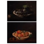 Spanish school, 17th century."Still Life with Peaches" and "Still Life with Grapes and Wine".Oil