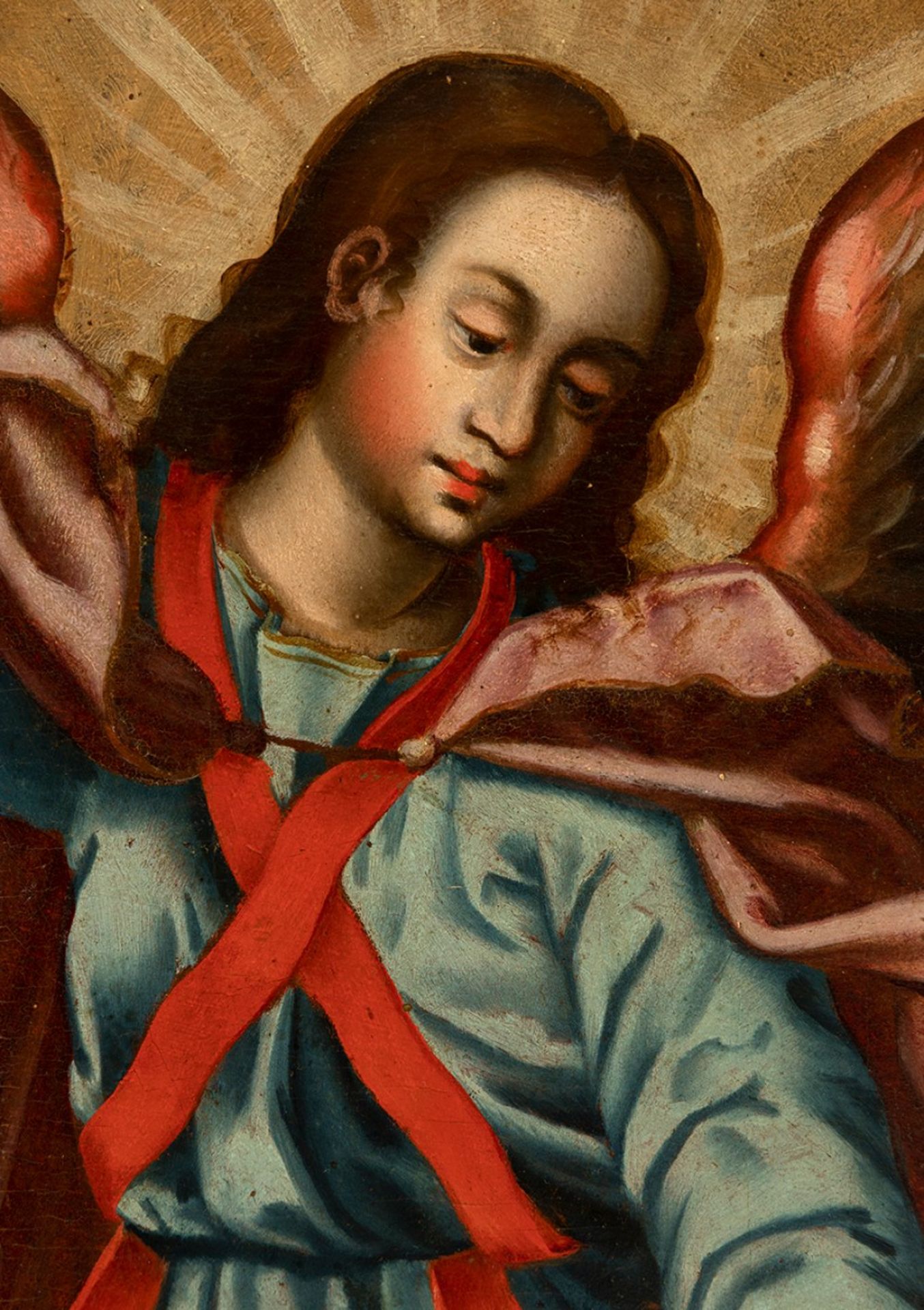Spanish or Novo-Hispanic school; 17th century."Saint Michael the Archangel".Oil on panel.It presents - Image 4 of 7