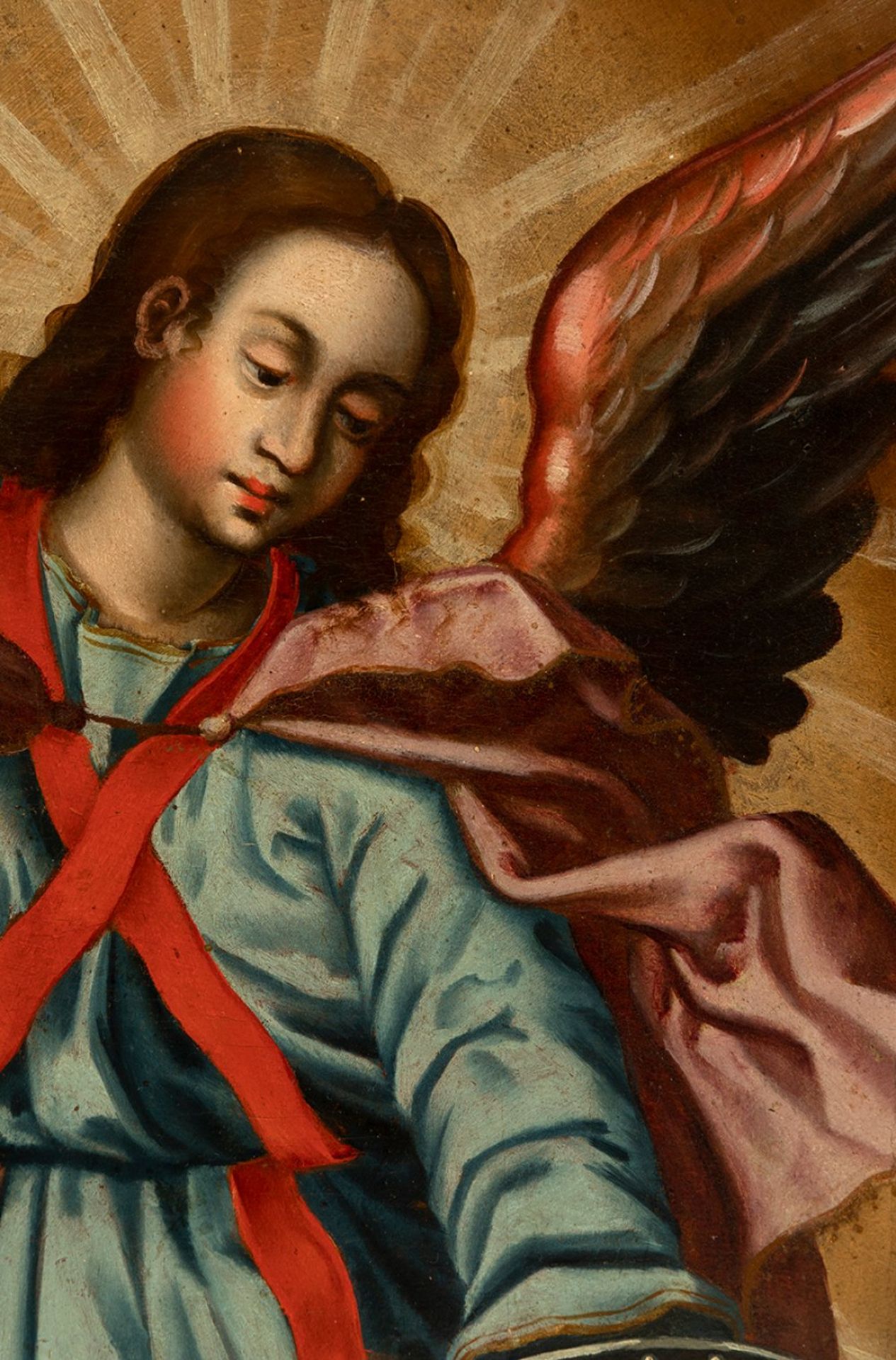 Spanish or Novo-Hispanic school; 17th century."Saint Michael the Archangel".Oil on panel.It presents - Image 6 of 7