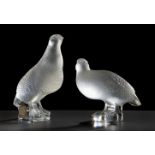LALIQUE. France, second half of the 20th century."Pair of Partridges".Moulded and satin-finished