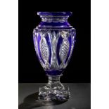 VAL SAINT LAMBERT. Belgium ca. 1930.Art Deco vase in translucent and blue moulded glass, with carved