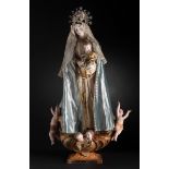 Cap i pota" figure. Spain, late 18th century-early 19th century."Virgin and Child".Carved and