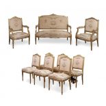 Set of an armchair, two armchairs and six Louis XVI style chairs, circa 1900.Carved and gilded