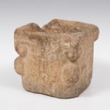 Romanesque mortar; 12th-13th century.Sandstone.Damaged.Measurements: 21 x 22 x 22 cm.Mortar carved