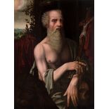 Flemish school; 16th century."Saint Jerome.Oil on panel.