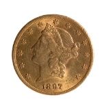 Gold coin of 20 dollars. No mint. Year of 1897.Weight: 33,4 g.