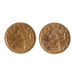 Two two and a half dollar gold coins. Years 1850 and 1903.