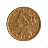 Gold coin of 5 US dollars. No mint. Year of 1899.