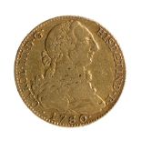 Gold coin of 4 escudos. Mint of Madrid year 1780.Measures: 28,7 x 1,3 mm (diameter).Weight: 13,4 G.