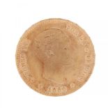 25 peseta coin of Alfonso XII, 1880.Gold of 0,900 thousandths.Weight: 8,06 grams.Measures: 24 mm