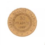 20 French franc coin of the Republic, 1897, Paris mint.Gold of 0,900 thousandths.Weight: 6,45