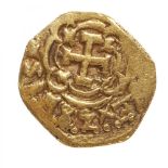 Coin of 1 shield macuquino of Philip IV, 17th century.Hammer struck, gold.Weight: 3.35 g.On the