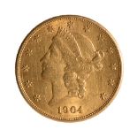 20 gold coin. S California. Year of 1904.Weight: 33,4 g.