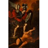 17th century Spanish school."Saint Michael the Archangel defeating the dragon".Oil on canvas.Size: