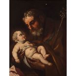 School of LUCA GIORDANO (Naples, 1634 - 1705)."Saint Joseph with Child".Oil on canvas.The original