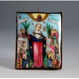 Russian icon from the 18th century."Virgin, Saints and Archangels".Enamel on copper plate. Metal