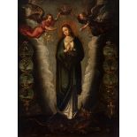Antwerp School, 17th century.Immaculate Conception with Litany.Oil on canvas.Marks of an Antwerp