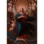Bolognese school; 17th century."Immaculate Conception".Oil on copper.It presents restorations on the