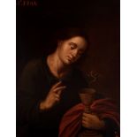 Spanish school; late 17th century."Saint John the Evangelist".Oil on canvas. Re-coloured.It has a