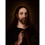 Madrid School; 17th century."Christ Salvator Mundi".Oil on canvas. Re-drawn.It presents