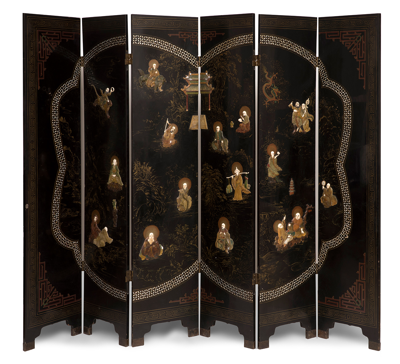 Screen; China, 19th century.Carved and polychrome wood. Inlaid with carved bone.Sizes: 183 x 240